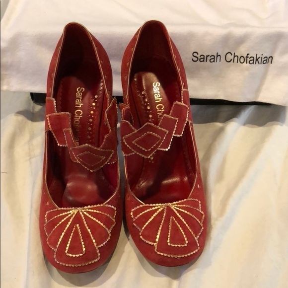 SARAH CHOFAKIAN Red Gold Mary Jane Suede Pumps EU 39 - Picture 2 of 3